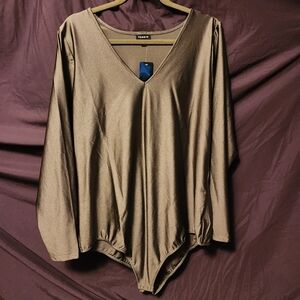 Shiny Nylon Deep V-Neck Long Sleeve Bodysuit